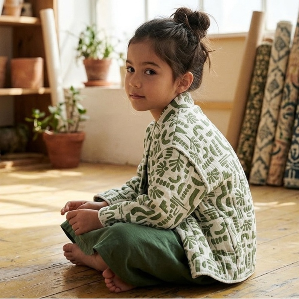 Zara Girls Jacquard Kimono Pockets Olive Green Abstract Figures Jacket 6-7